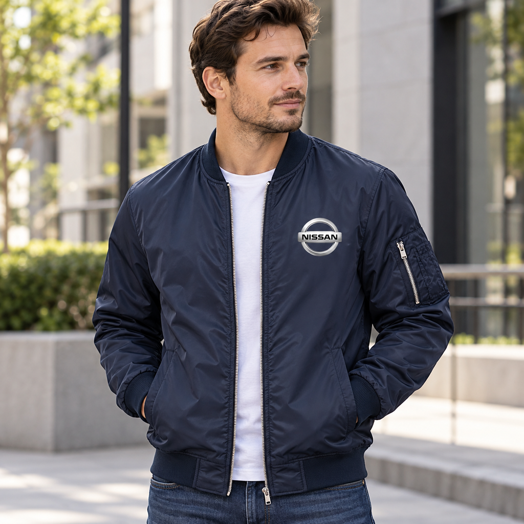 Nissan navy bomber jacket model lifestyle view | color: navy |