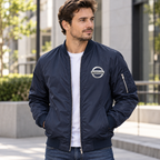 Nissan navy bomber jacket model lifestyle view | color: navy |
