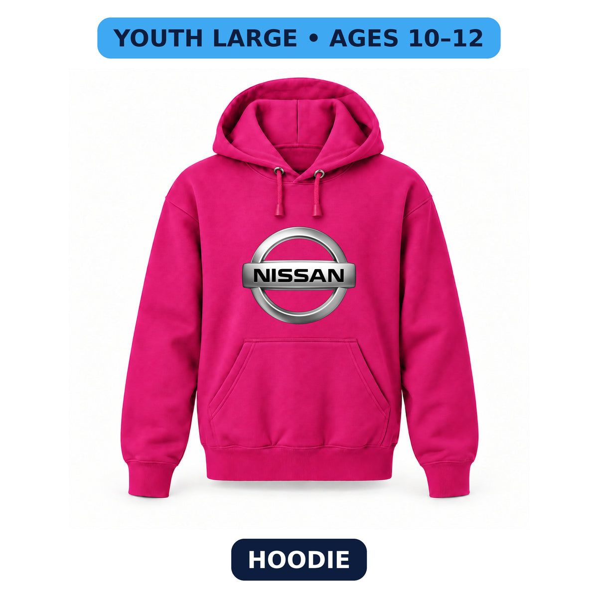 Nissan - Youth Large Hoodie (Ages 10–12) | Color: Hot Pink