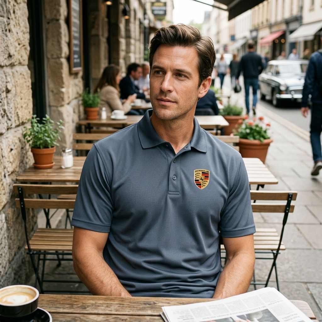 Candid shot of man in Porsche polyester polo at outdoor cafe, highlighting breathable fabric and relaxed fit in cozy street scene.