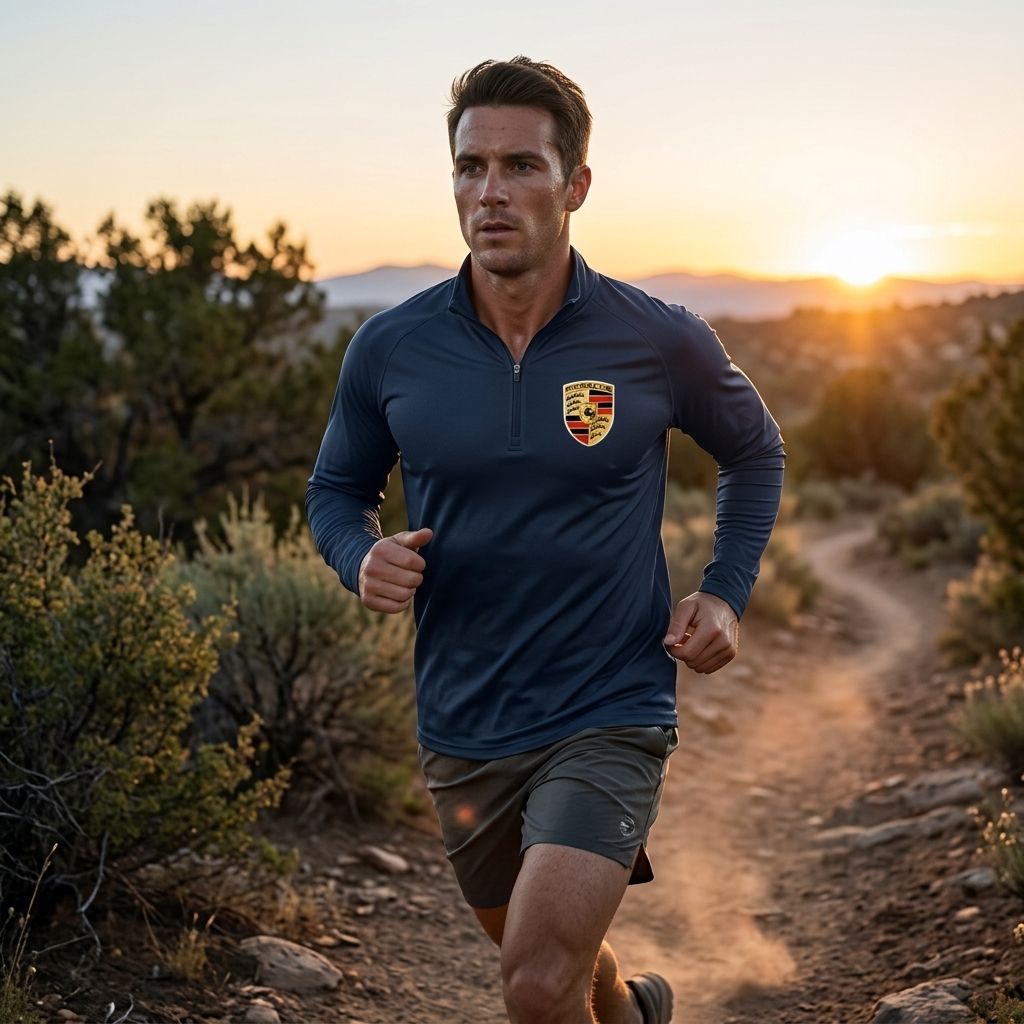 Male athlete wearing Porsche lightweight athletic shirt during dawn run on a trail, highlighting quick-dry and moisture-wicking properties.