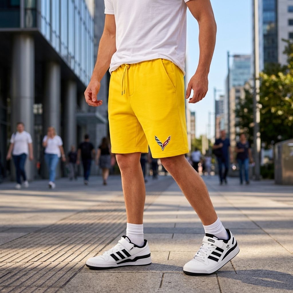 Male model walking outdoors on city sidewalk in white Chevrolet Corvette fleece shorts, showing movement and stretch fabric.