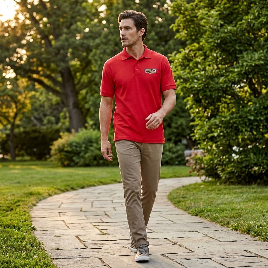 Male model walking in park wearing Men's Cadillac Car Dry Blend Polo, highlighting breathable fabric and style.