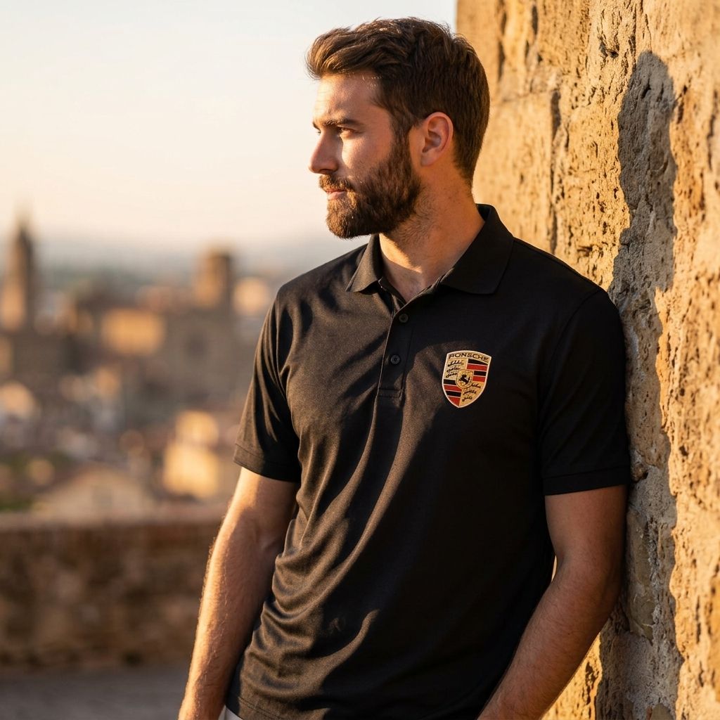 Male model in Men’s Porsche Polo during golden hour, urban background with natural highlights.
