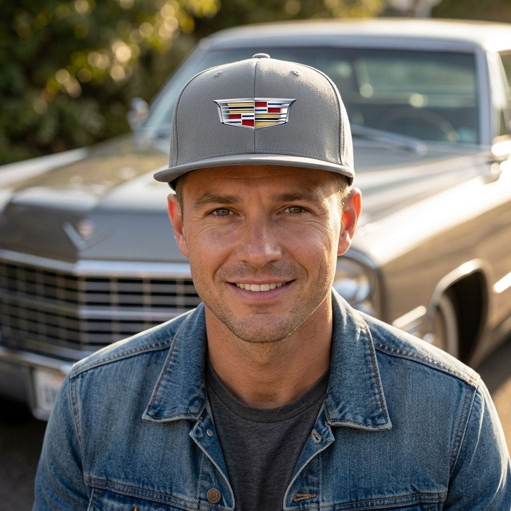 Person wearing Cadillac Car Snapback Hat demonstrating its fit and style in casual setting.