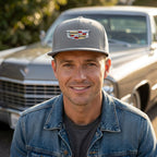 Person wearing Cadillac Car Snapback Hat demonstrating its fit and style in casual setting.
