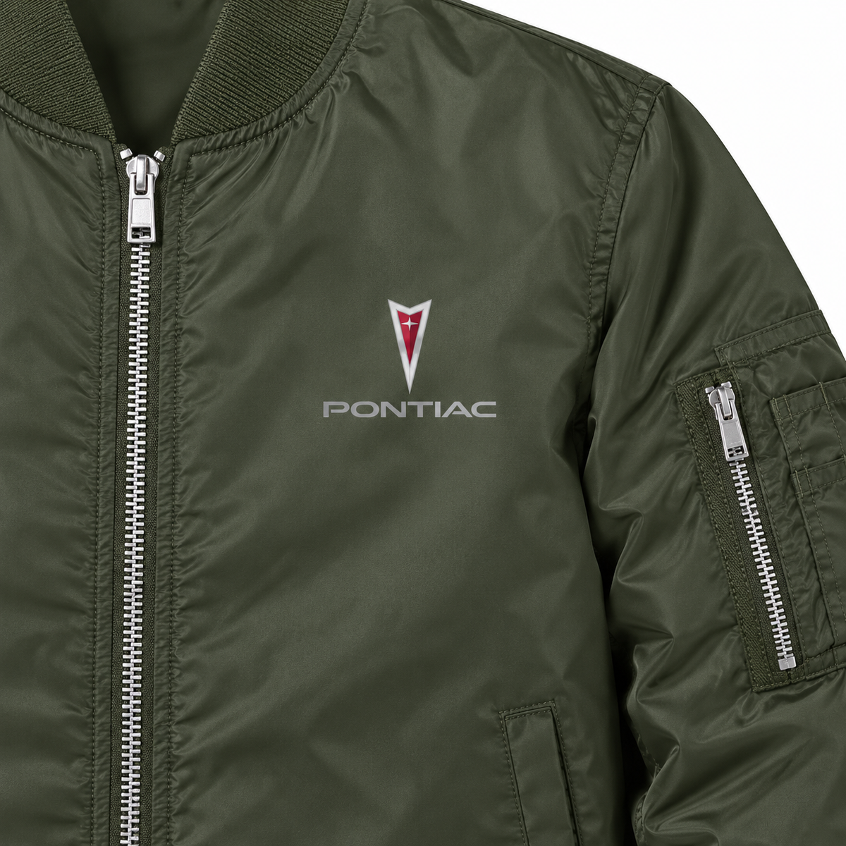 Pontiac army green bomber jacket chest print detail | color: army green |