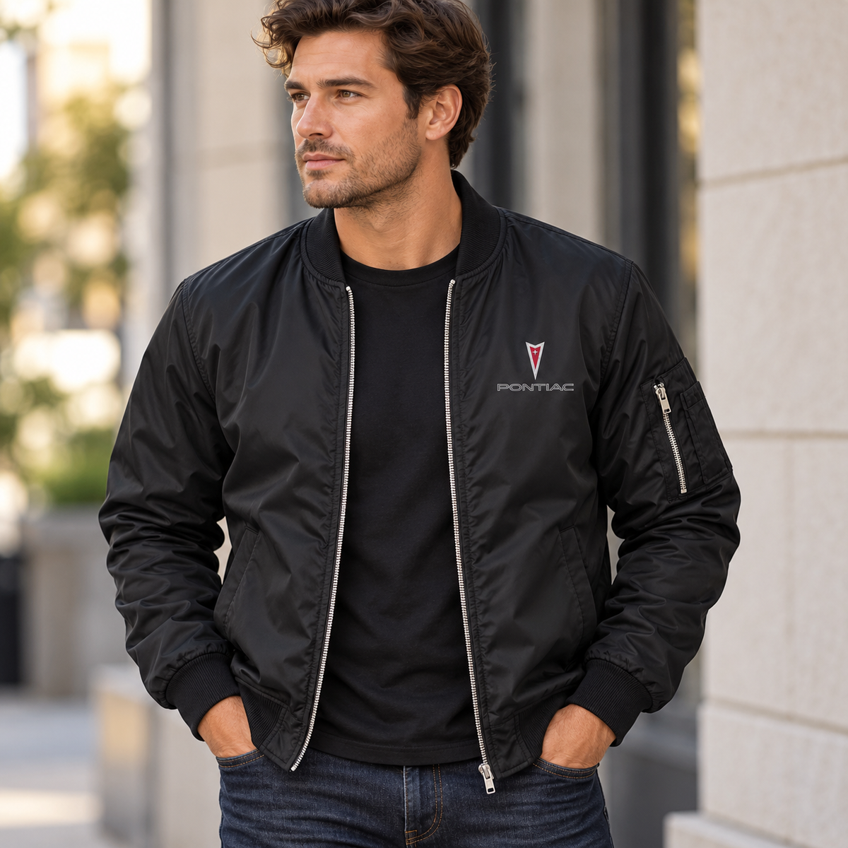 Pontiac black bomber jacket model lifestyle view | color: black |