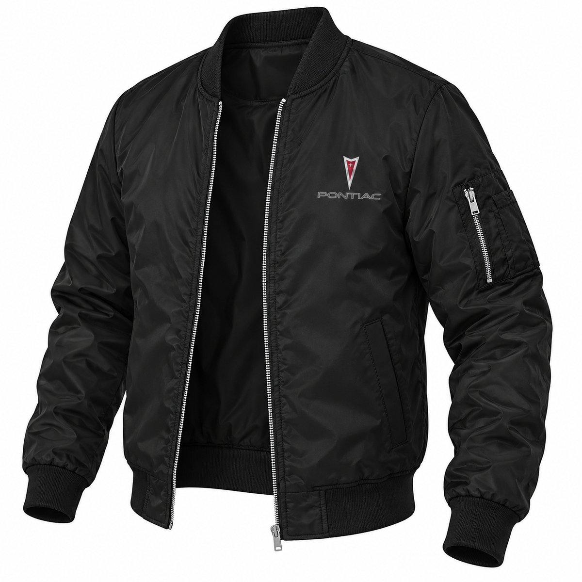 Pontiac black bomber jacket angled product view | color: black |
