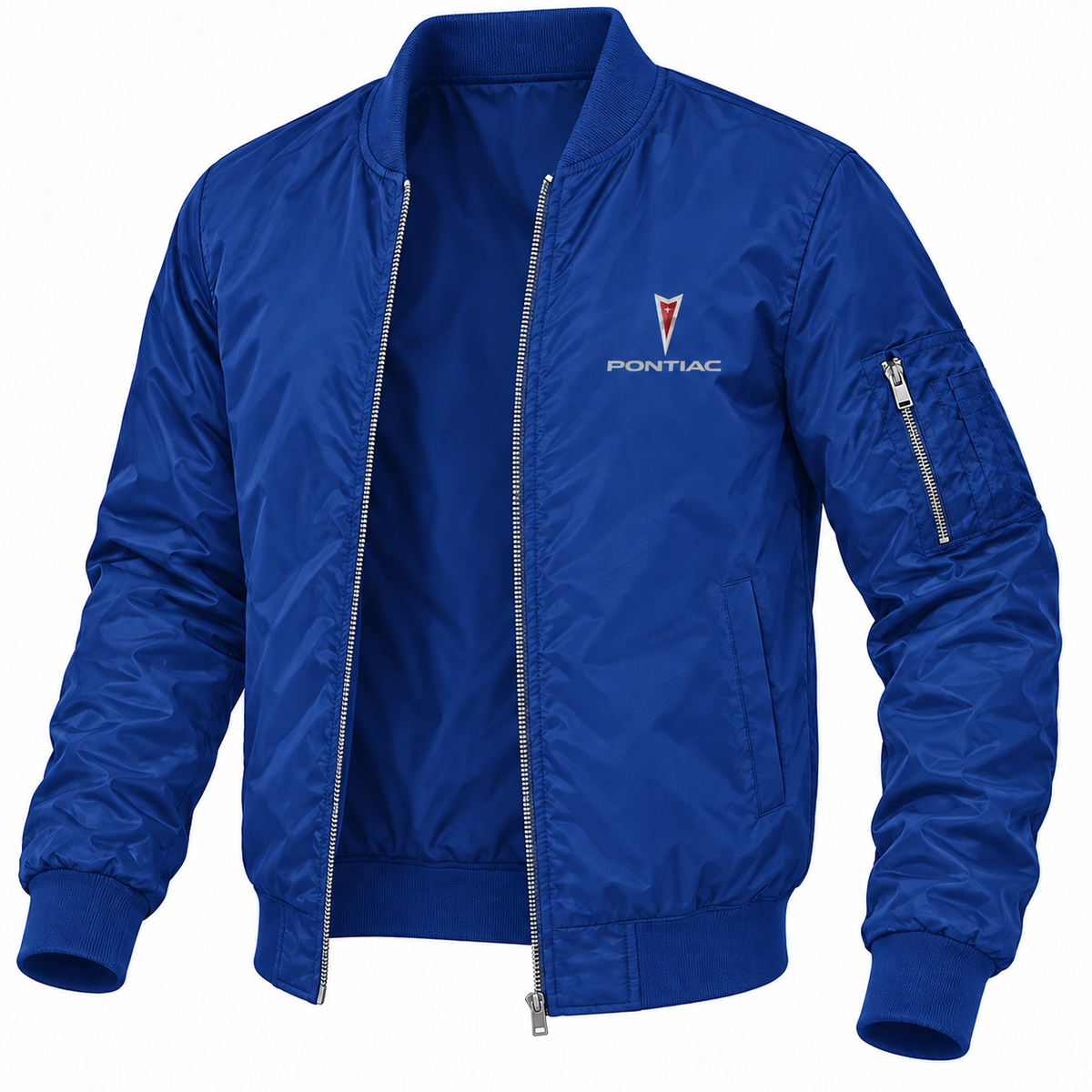 Pontiac blue bomber jacket angled product view | color: blue |
