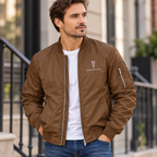 Pontiac brown bomber jacket model lifestyle view | color: brown |