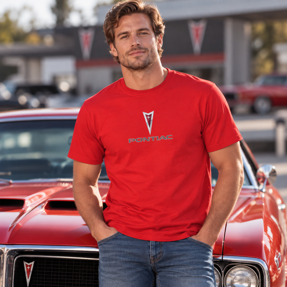 Men’s Pontiac Car Cotton T-Shirt | Color: Red | Image 2