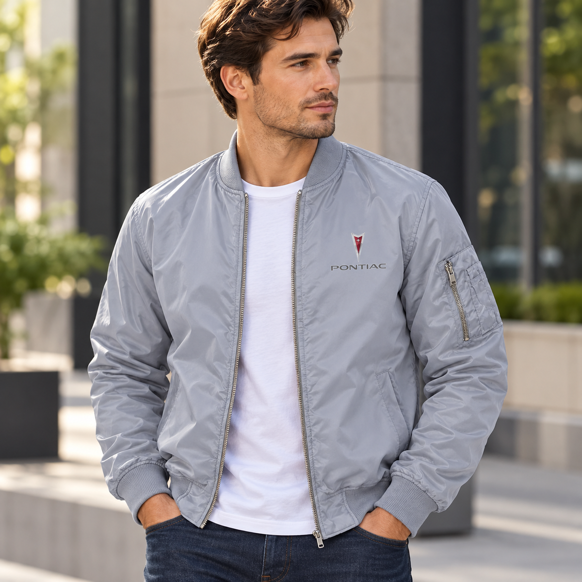 Pontiac grey bomber jacket model lifestyle view | color: grey |