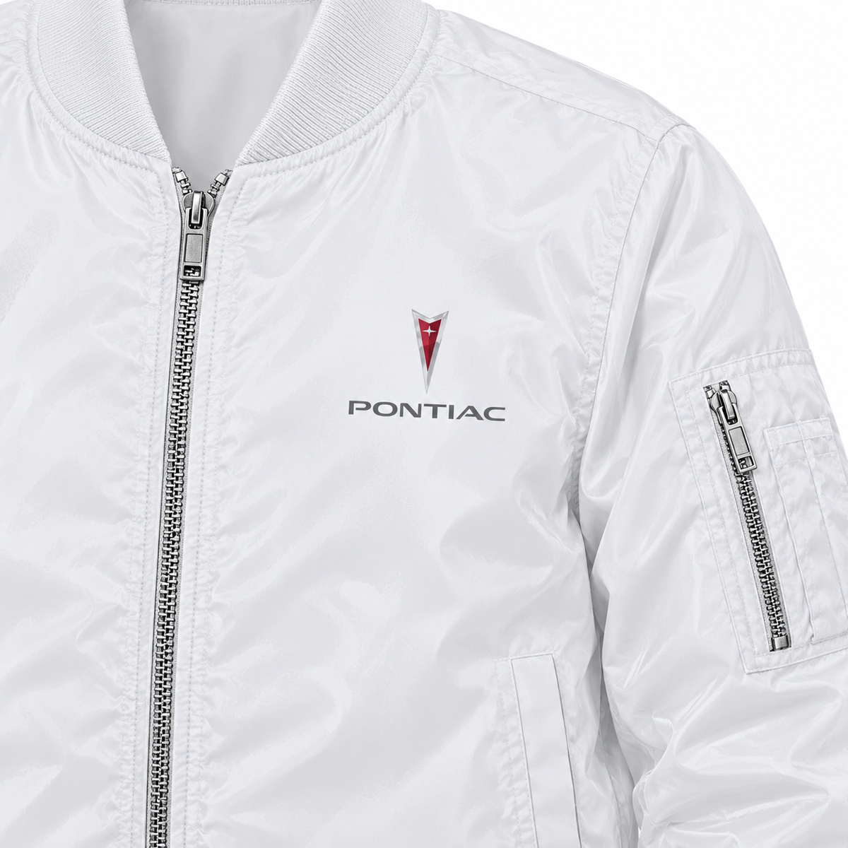 Pontiac white bomber jacket chest print detail | color: white |