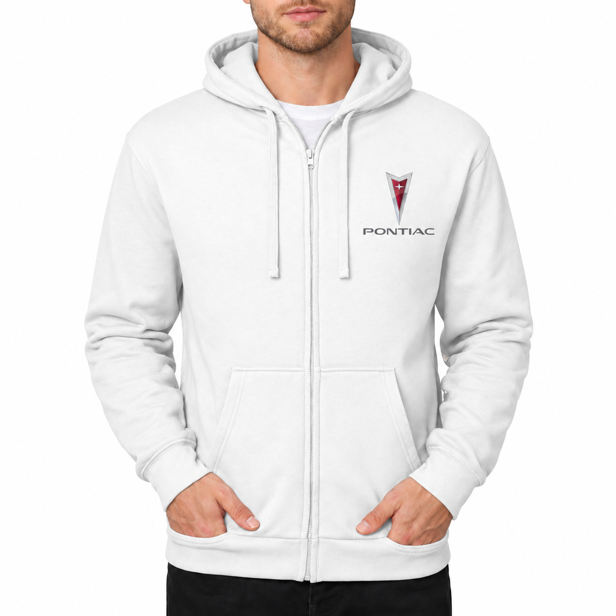 Pontiac White zipper hoodie front left chest heat transfer
