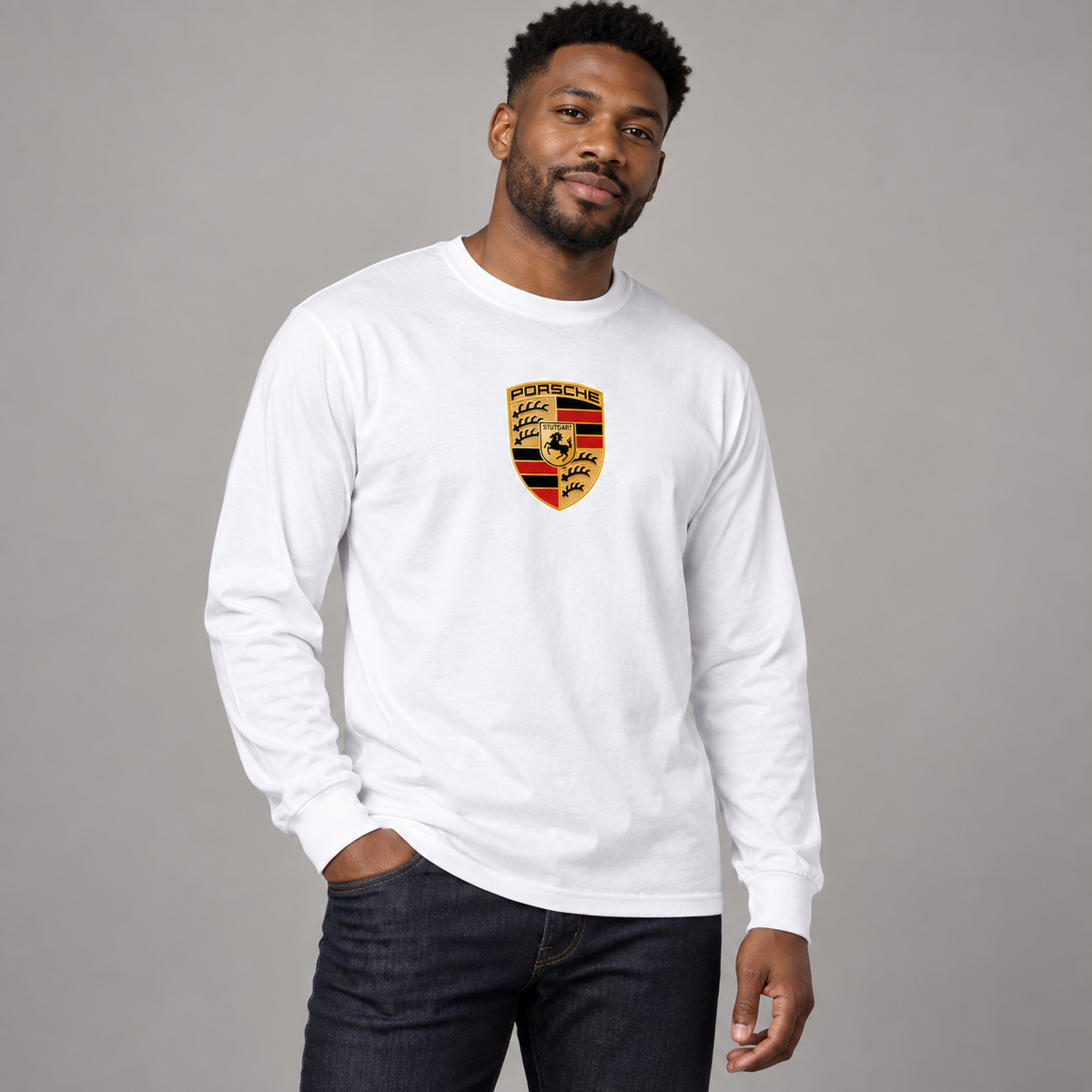 Porsche Cotton Long Sleeve T-Shirt | Color: White | Image 1 | Studio Model