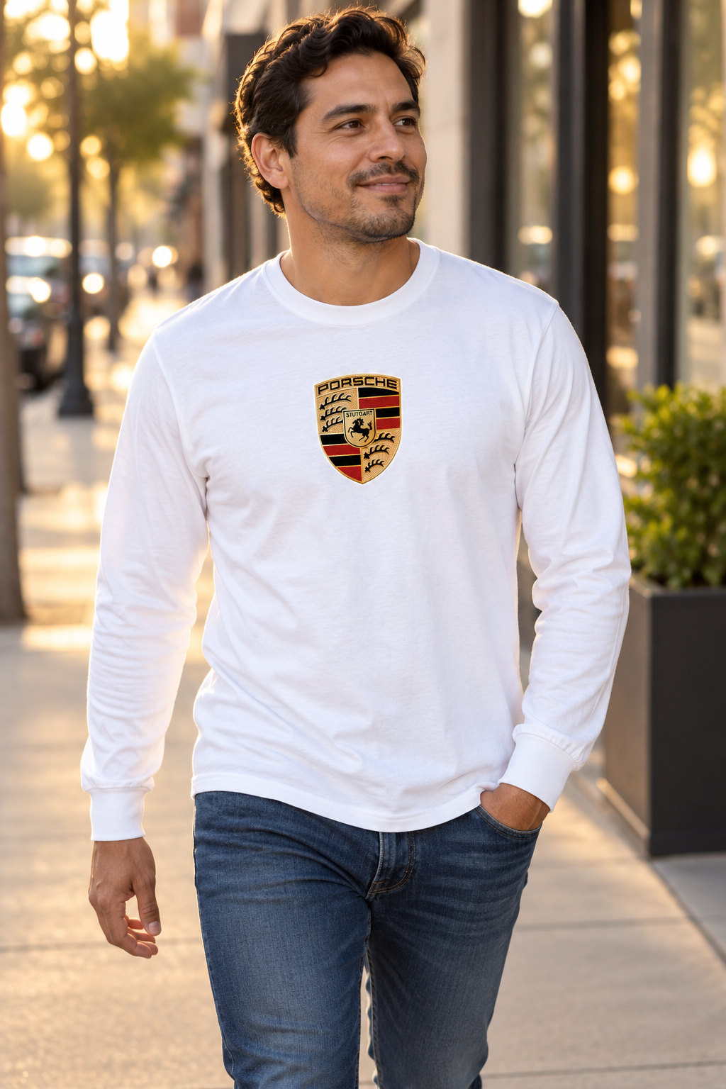 Porsche Cotton Long Sleeve T-Shirt | Color: White | Image 3 | Lifestyle Portrait