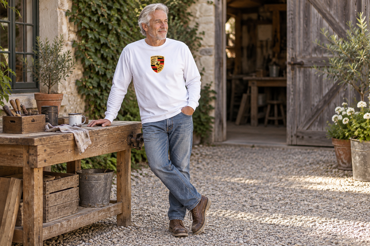 Porsche Cotton Long Sleeve T-Shirt | Color: White | Image 4 | Wide Lifestyle Scene