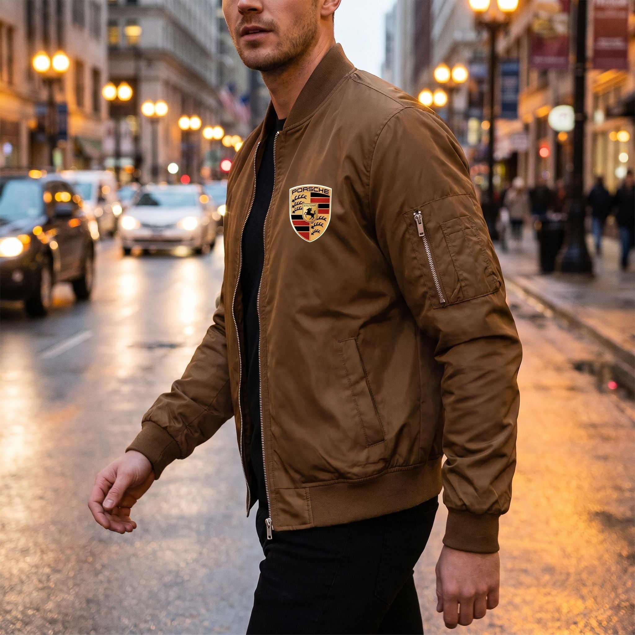 Model walking in city street at dusk wearing Porsche bomber jacket, with soft reflections and urban background.