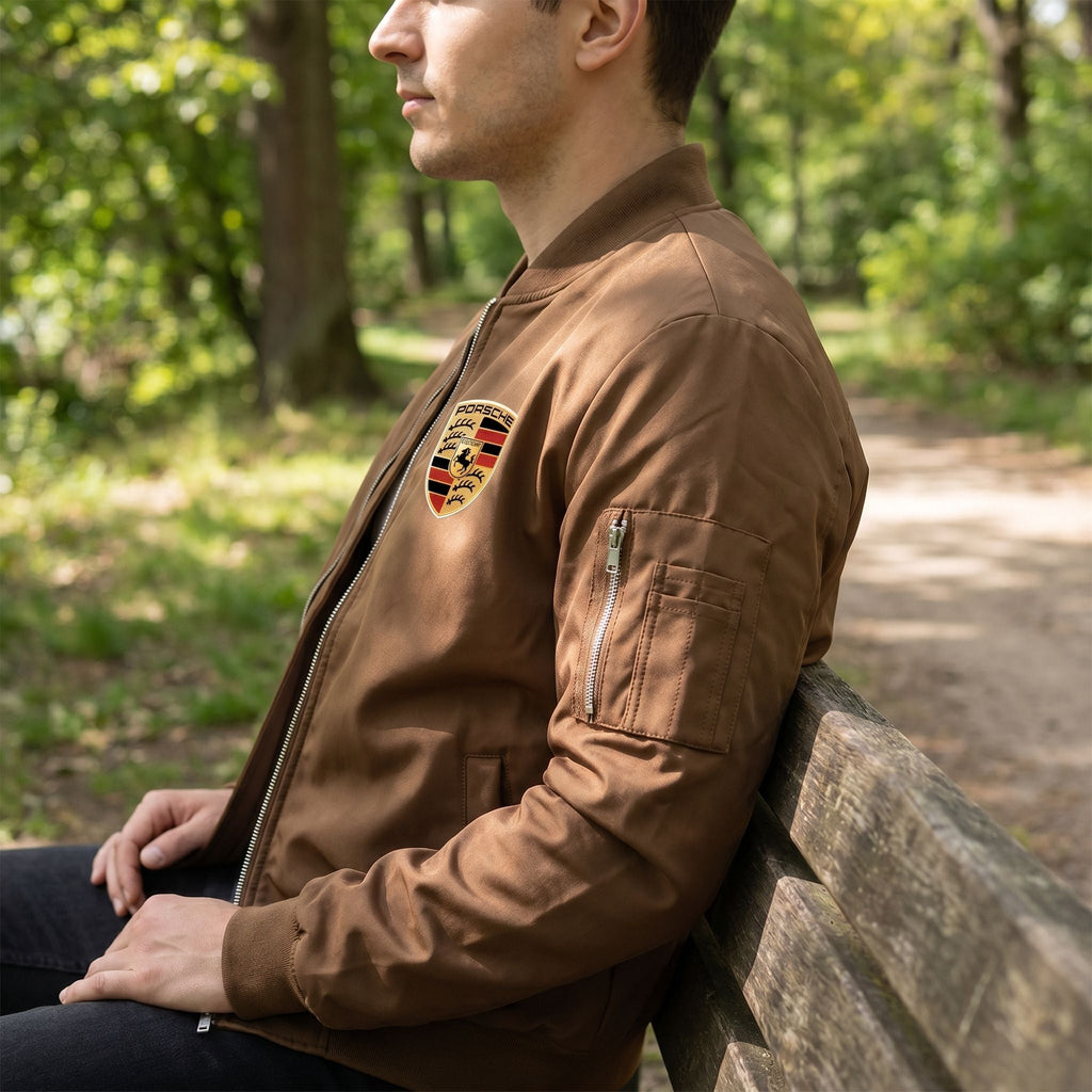 Side profile of Porsche varsity-style jacket worn outdoors on a rustic bench, highlighting casual fit and softshell material.