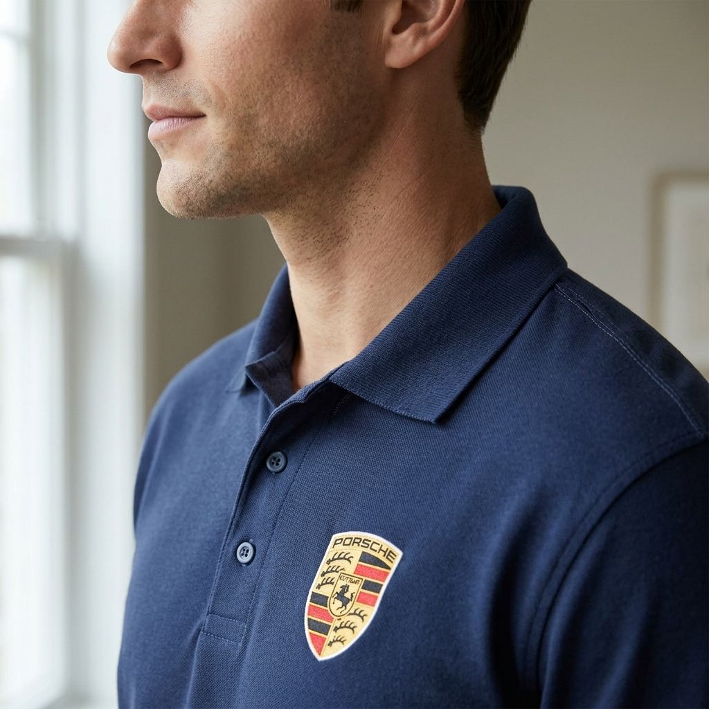 Close-up profile of Porsche Car Dry Blend Polo collar and placket, emphasizing crisp stitching and structure in diffused indoor light.