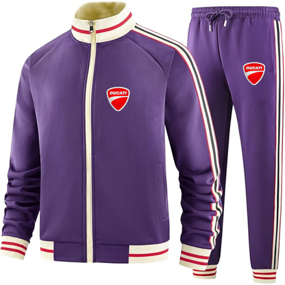 Men's Ducati Motorcycle - Premium Two-Piece Designer Tracksuit with Bold Striped Accents and Zippered Front - Elevated Athletic Wear