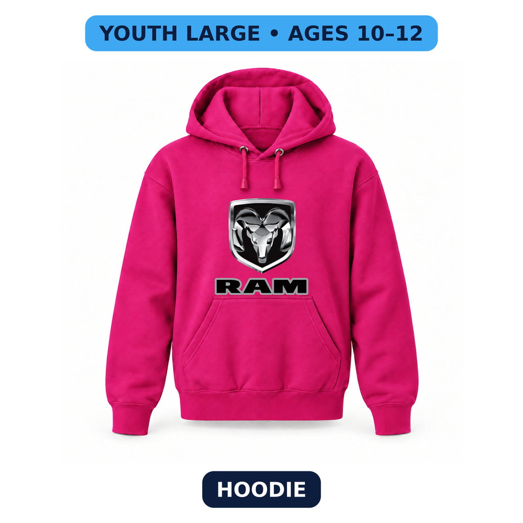 Ram - Youth Large Hoodie (Ages 10–12) | Color: Hot Pink