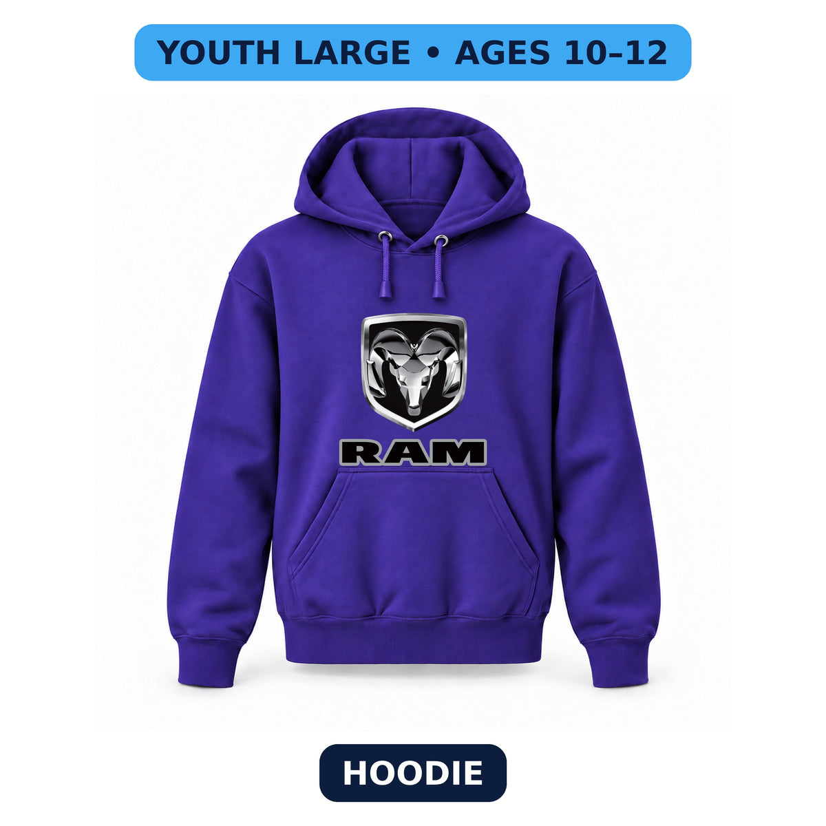 Ram - Youth Large Hoodie (Ages 10–12) | Color: Purple