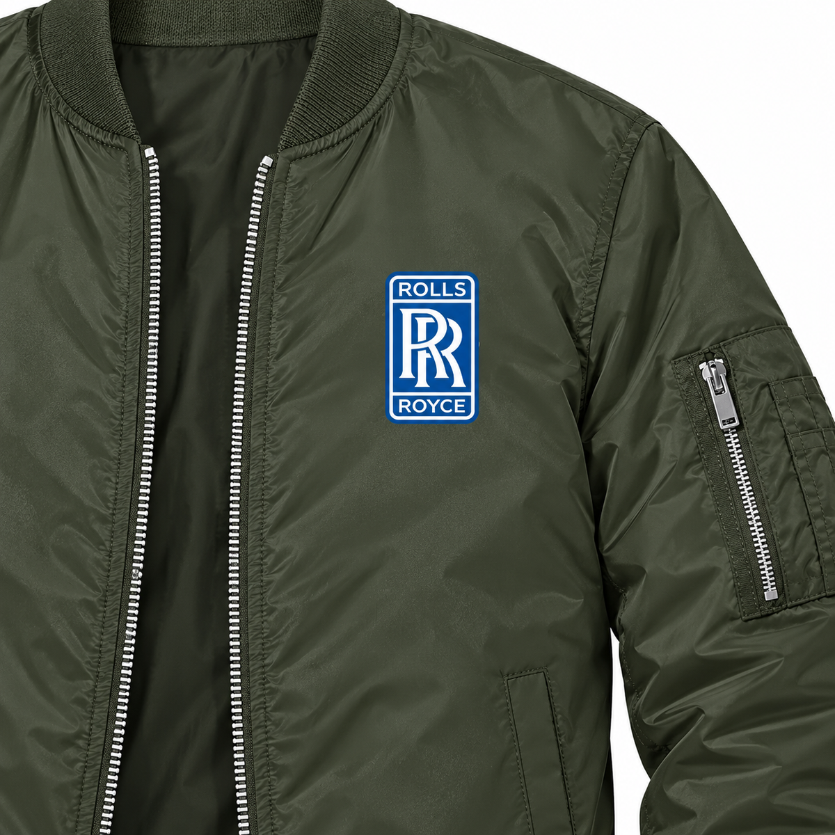 Rolls Royce army green bomber jacket chest print detail | color: army green |