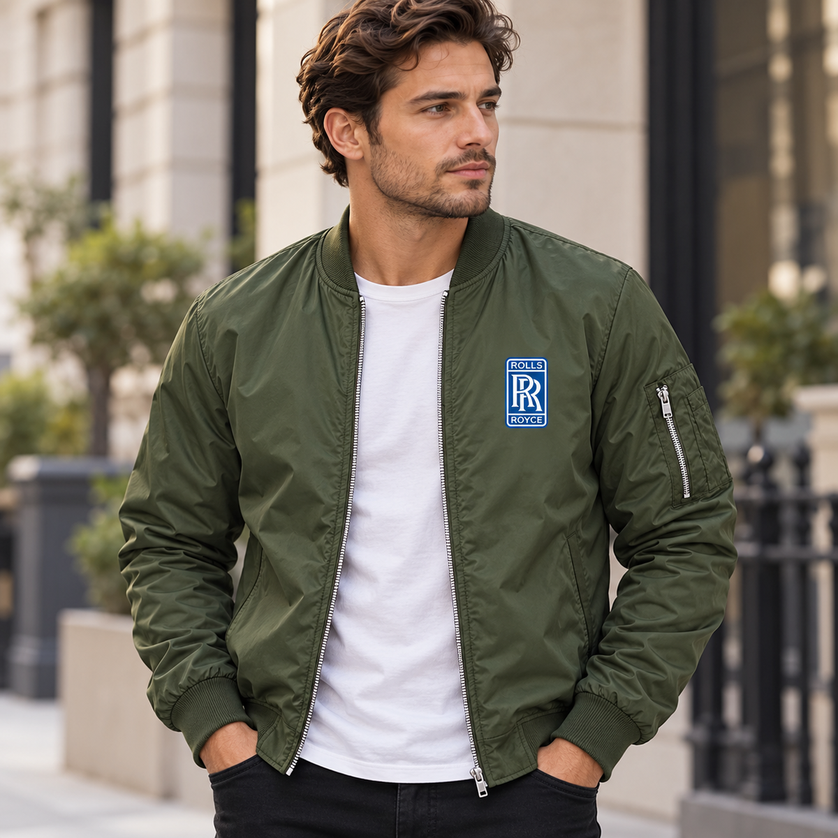 Rolls Royce army green bomber jacket model lifestyle view | color: army green |