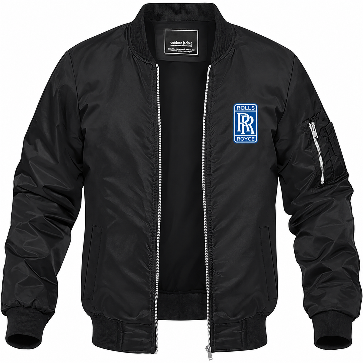 Rolls Royce black bomber jacket front product photo | color: black |