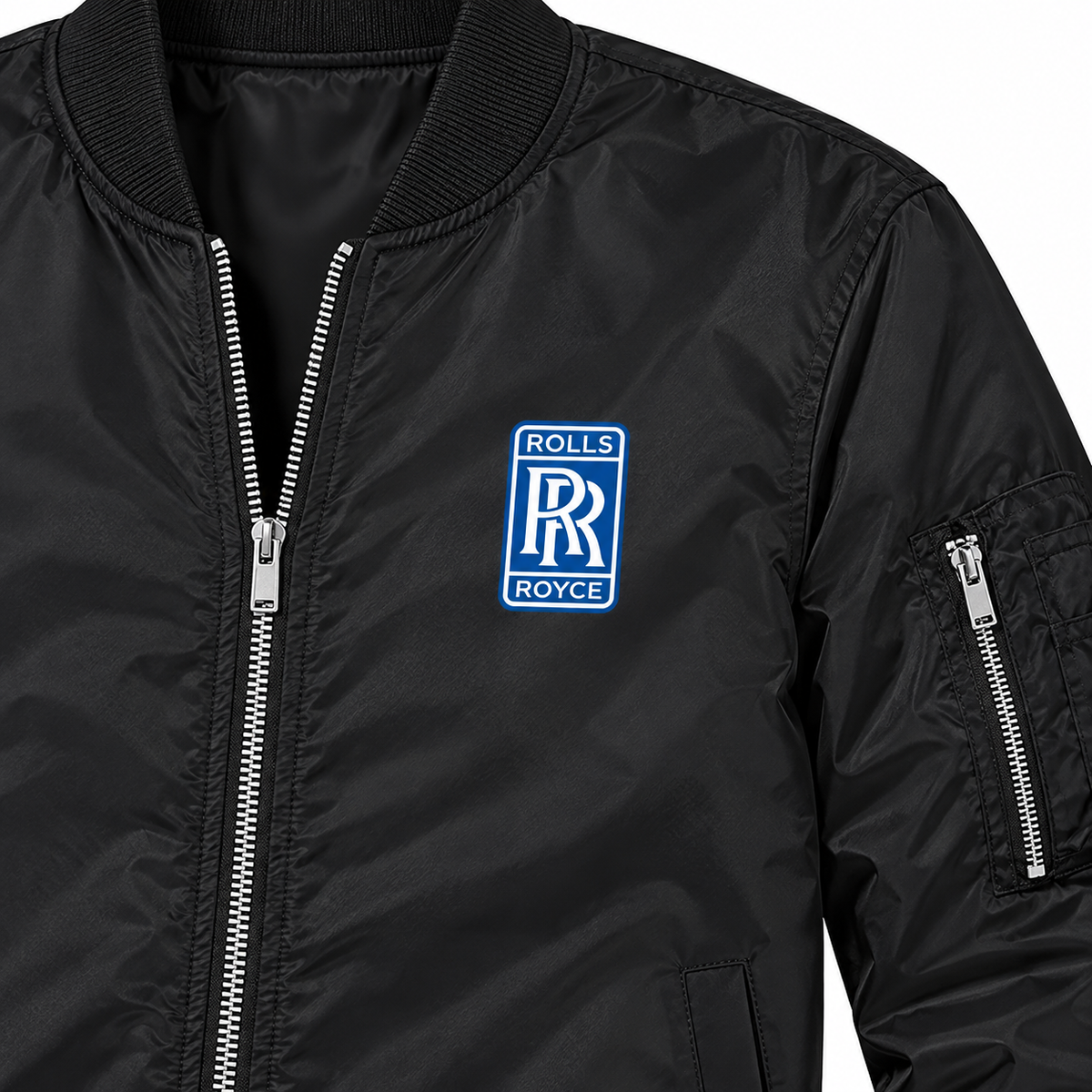 Rolls Royce black bomber jacket chest print detail | color: black |