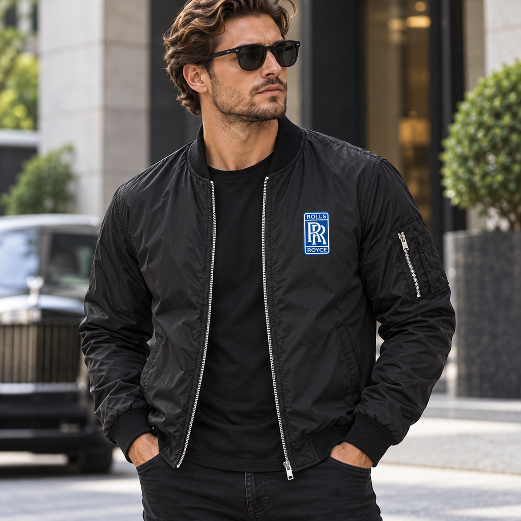 Rolls Royce black bomber jacket model lifestyle view | color: black |