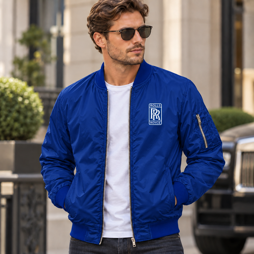 Rolls Royce blue bomber jacket model lifestyle view | color: blue |