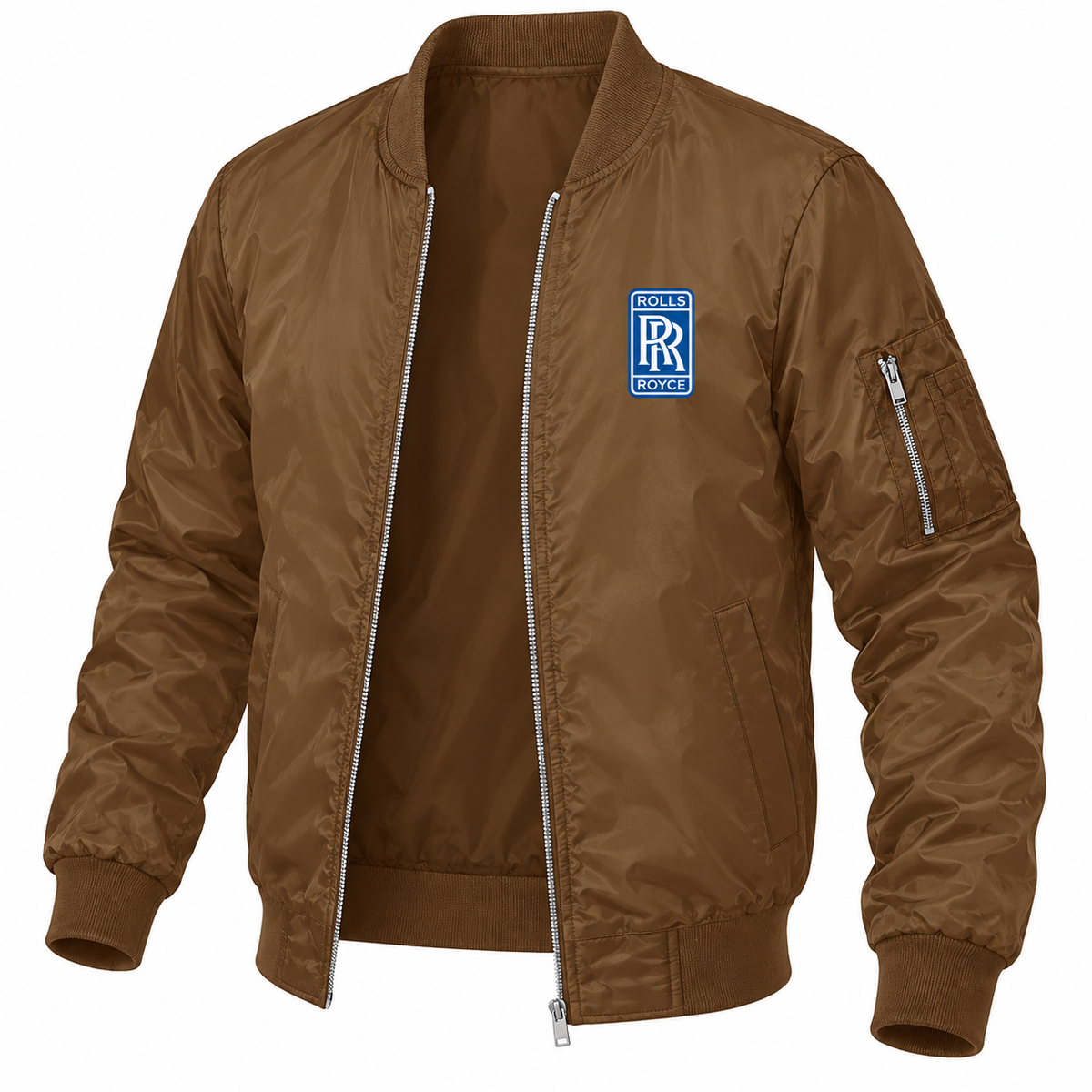 Rolls Royce brown bomber jacket angled product view | color: brown |