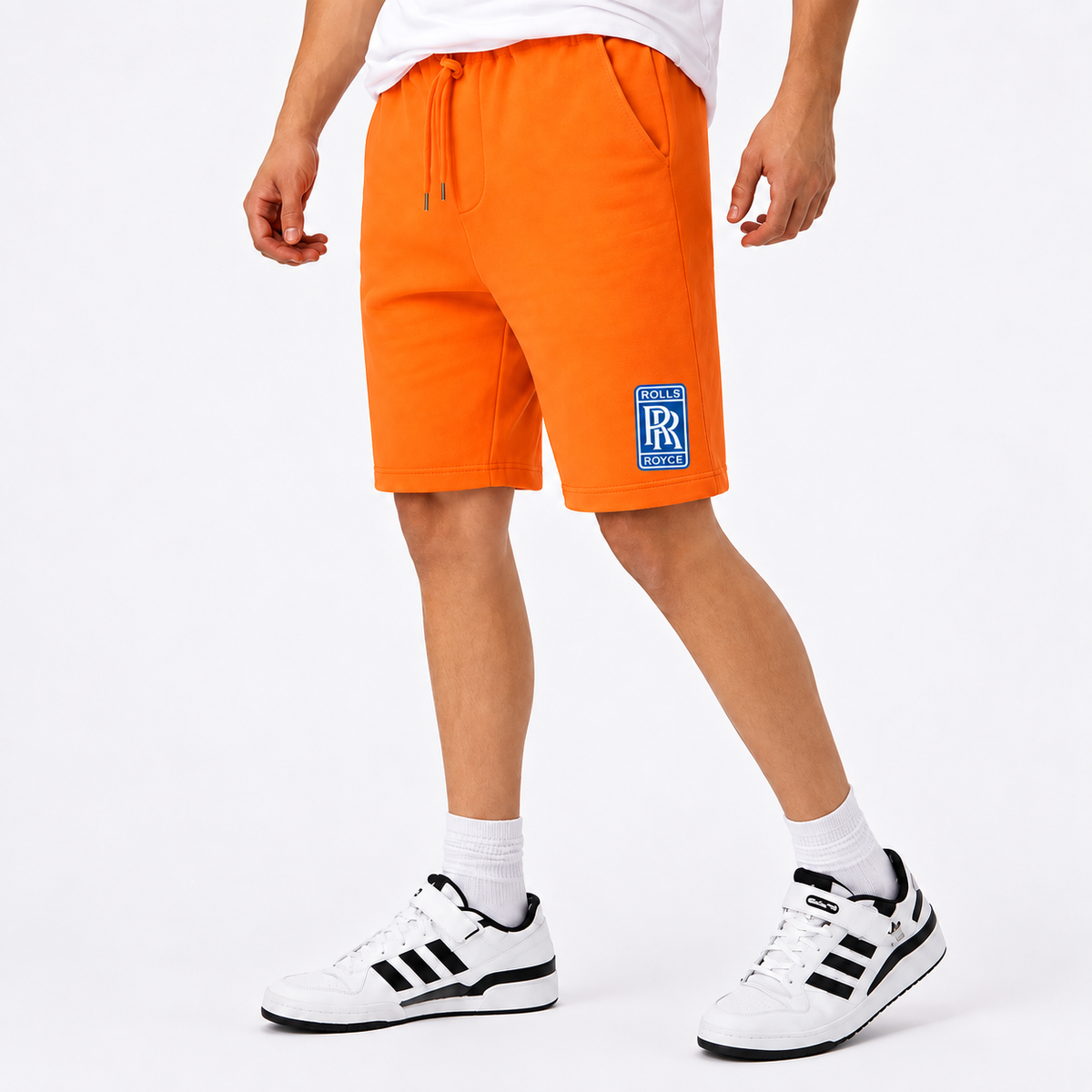 Rolls Royce fleece shorts Orange front logo near left hem