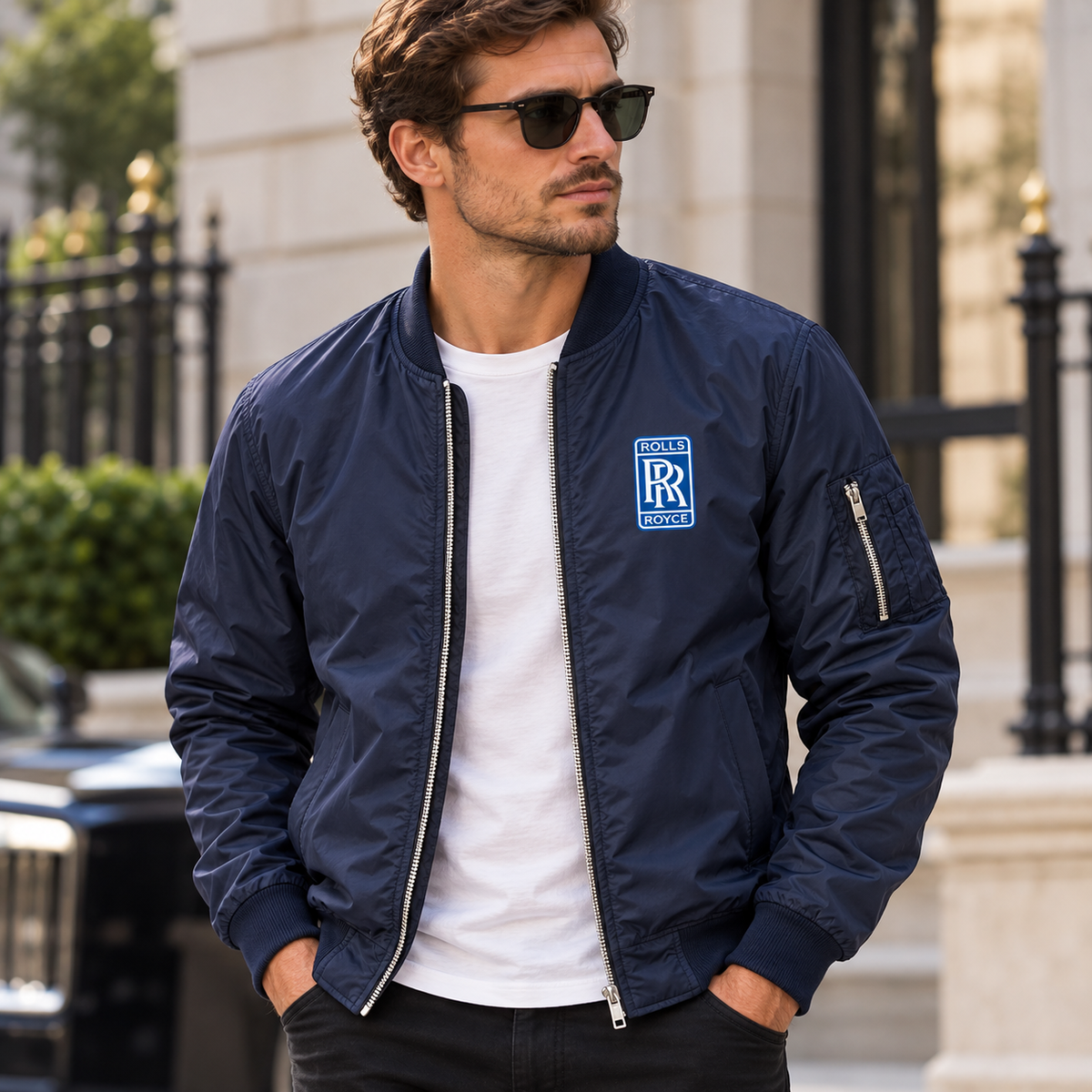Rolls Royce navy bomber jacket model lifestyle view | color: navy |