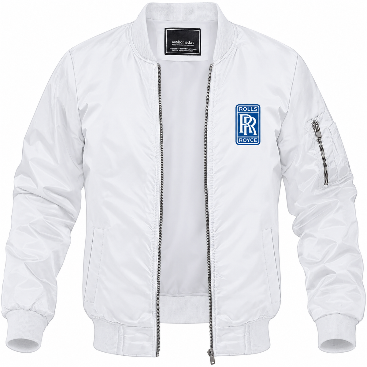 Rolls Royce white bomber jacket front product photo | color: white |
