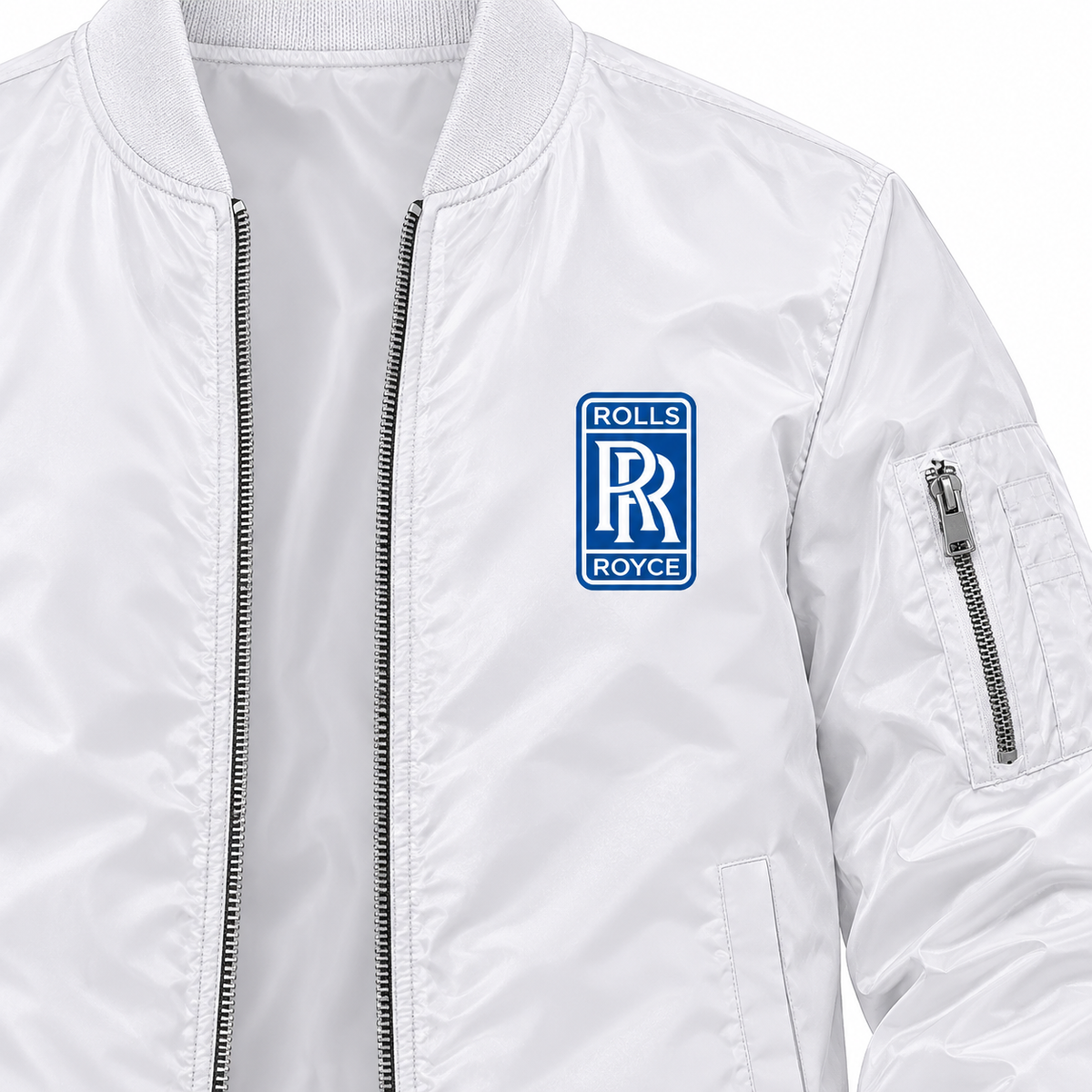 Rolls Royce white bomber jacket chest print detail | color: white |