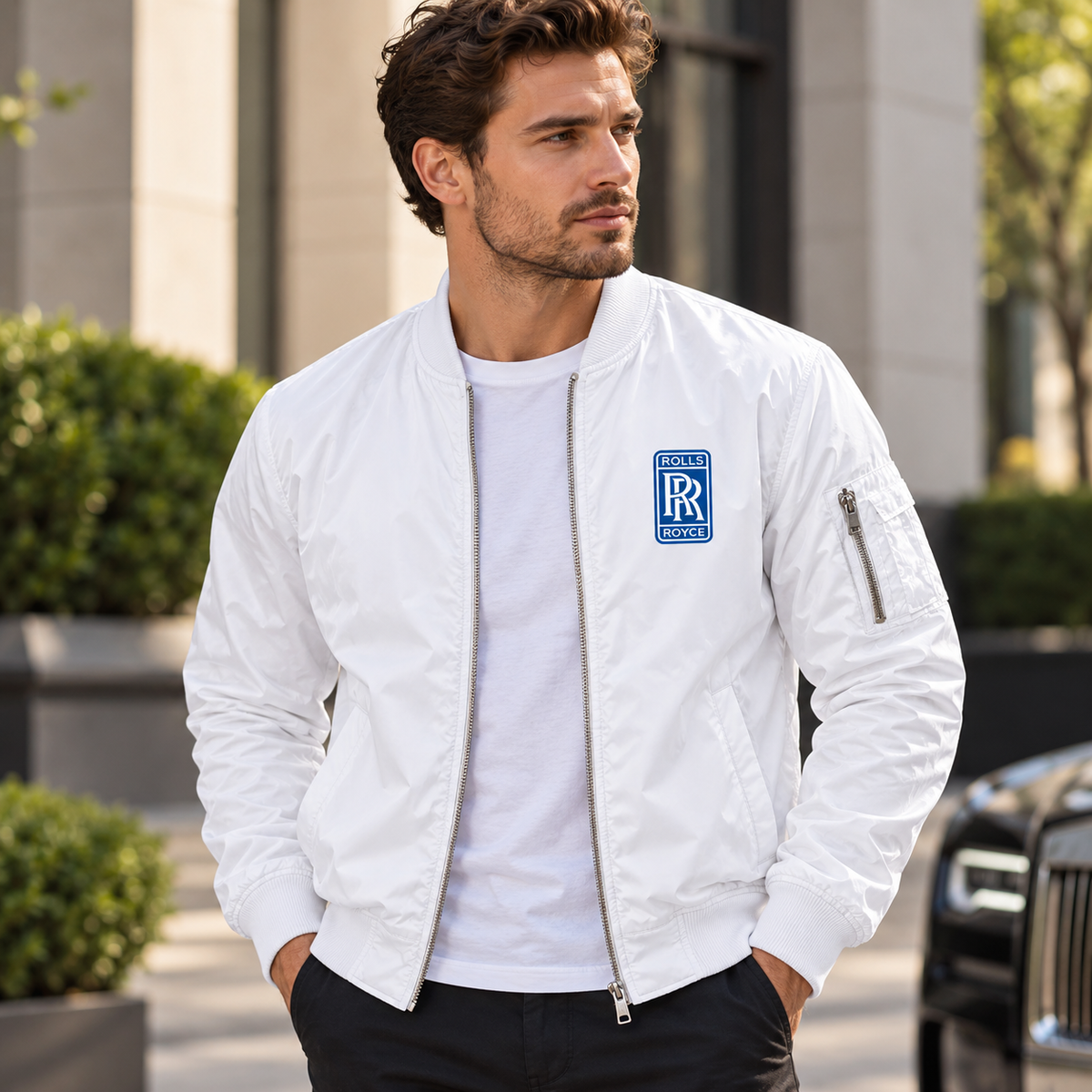 Rolls Royce white bomber jacket model lifestyle view | color: white |