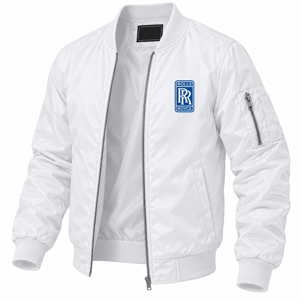 Rolls Royce white bomber jacket angled product view | color: white |