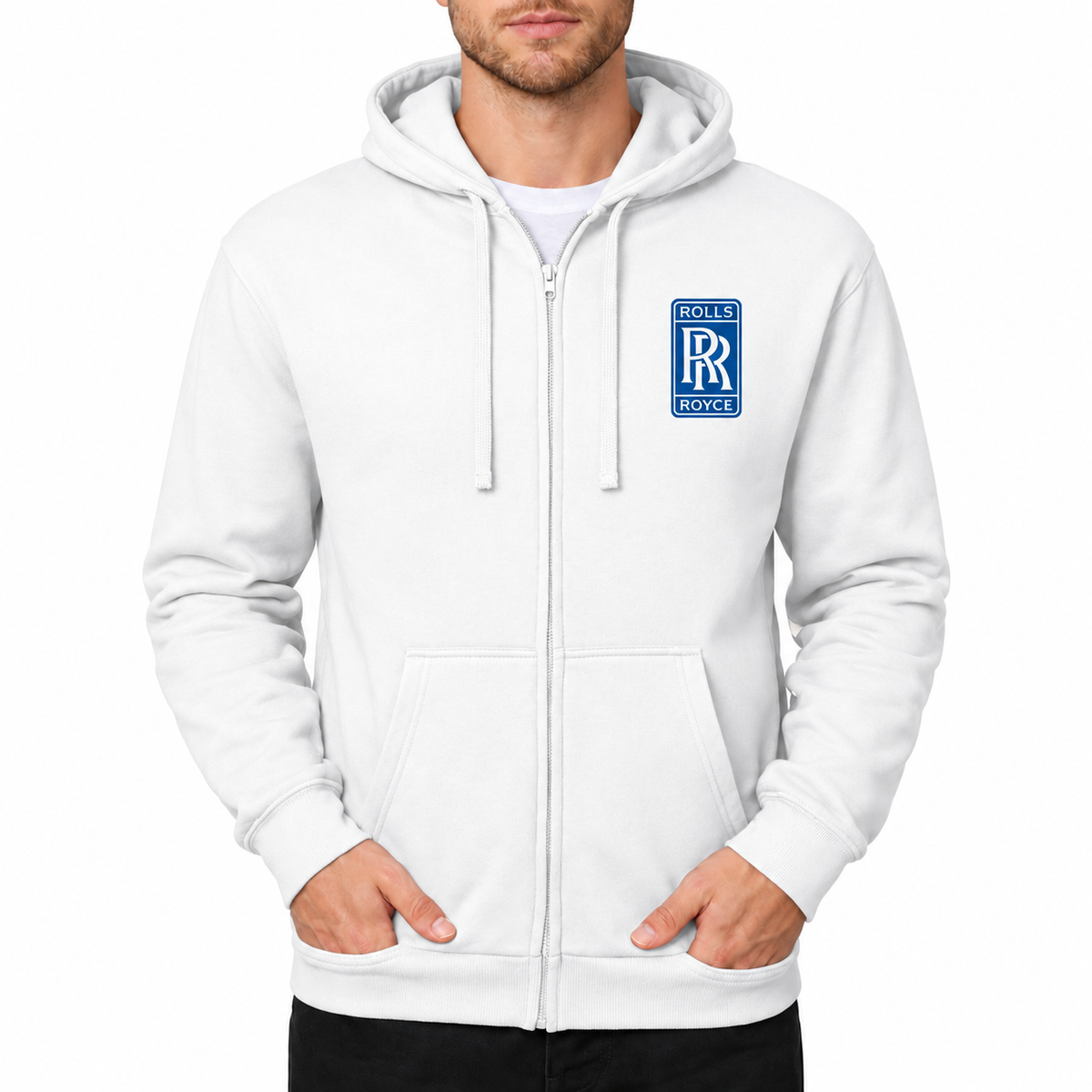 Rolls Royce White zipper hoodie front left chest heat transfer