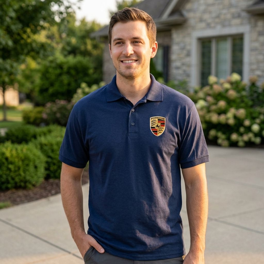 Outdoor scene of a man wearing white Porsche Car Dry Blend Polo during golden hour, showcasing versatile style with scenic suburban background.