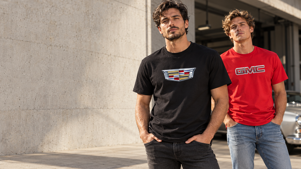 Models wearing black Cadillac and red GMC shirts