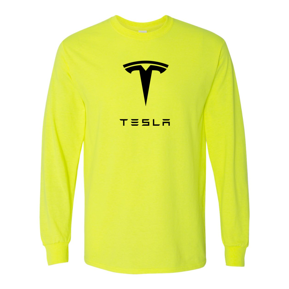 Men’s Tesla Car Cotton Long Sleeve T-Shirt | Color: Safety Green | Original artwork