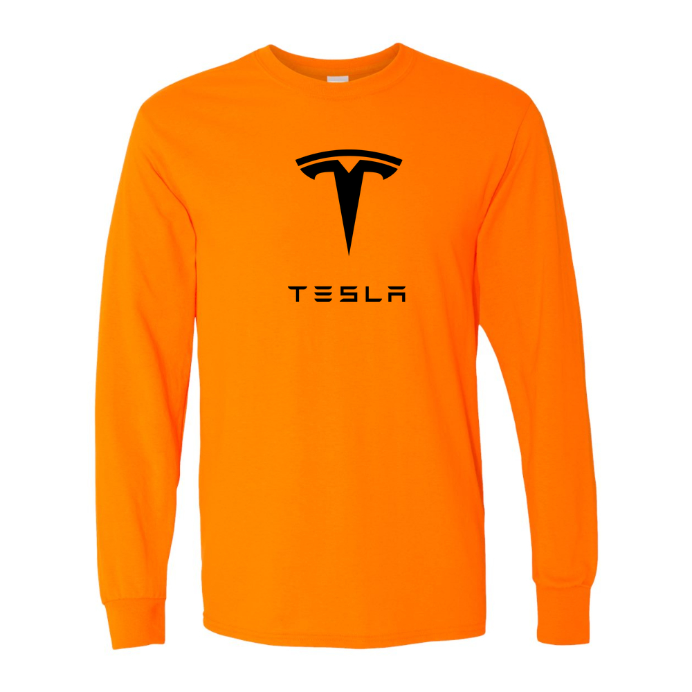 Men’s Tesla Car Cotton Long Sleeve T-Shirt | Color: Safety Orange | Original artwork