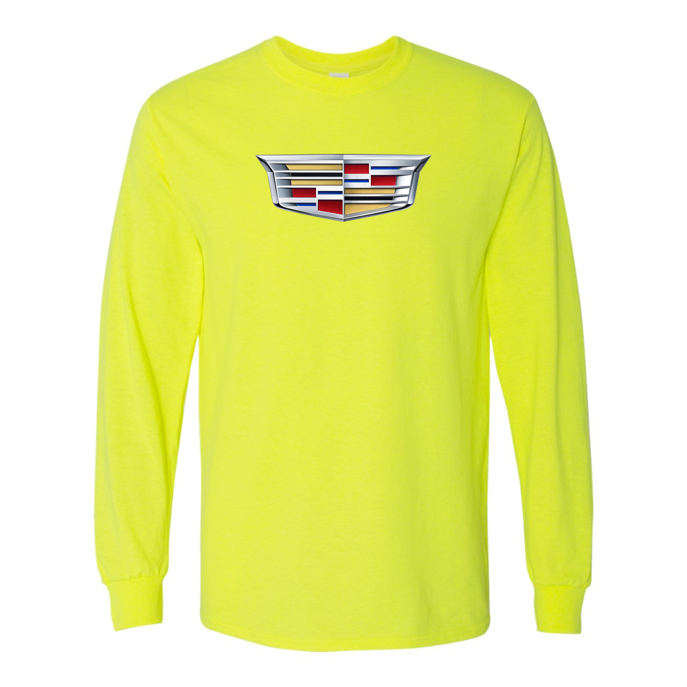 Men’s Cadillac Car Cotton Long Sleeve T-Shirt | Color: Safety Green | Original artwork