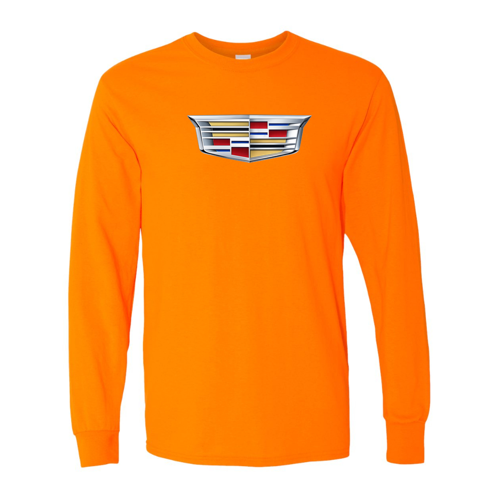 Men’s Cadillac Car Cotton Long Sleeve T-Shirt | Color: Safety Orange | Original artwork