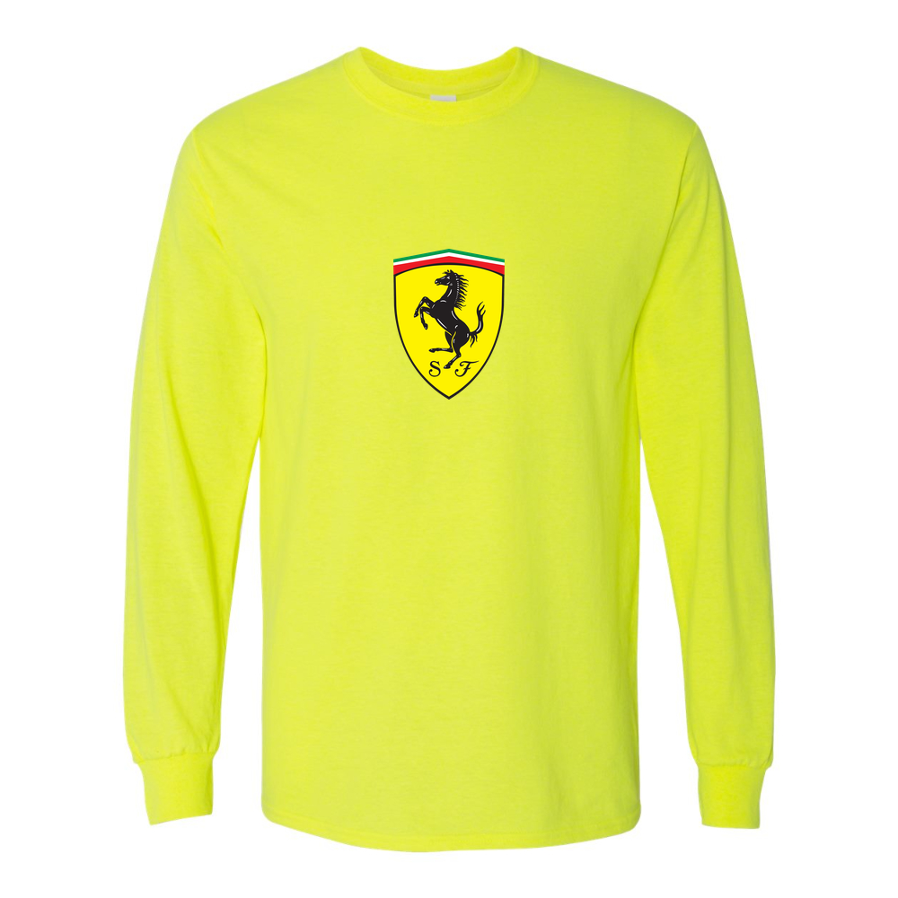Men’s Ferrari Car Cotton Long Sleeve T-Shirt | Color: Safety Green | Original artwork