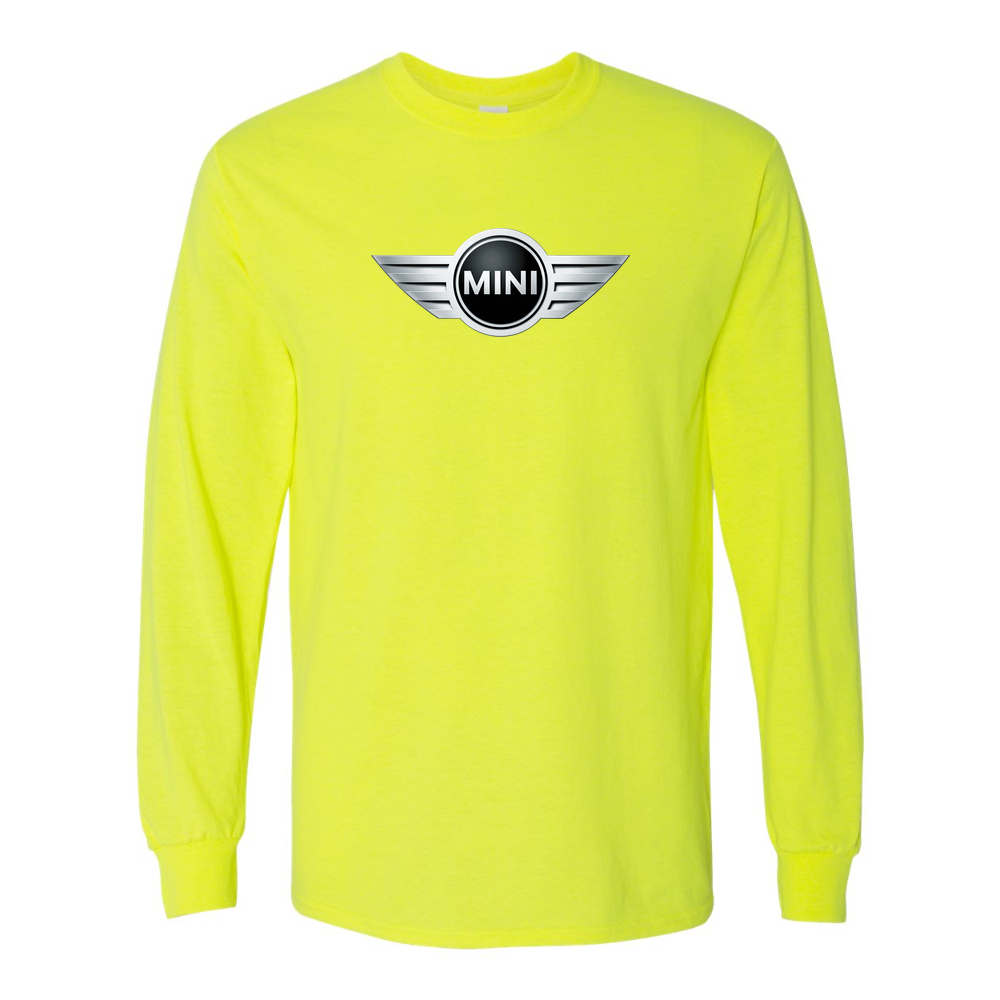 Men’s Mini Cooper Car Cotton Long Sleeve T-Shirt | Color: Safety Green | Original artwork